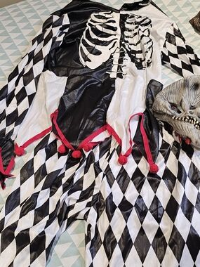 Party City Black & White Harlequin Skeleton Jester Costume with Red Pom Accents